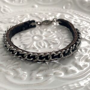 Silver Chain Black Leather Bracelet Rocker Rebel Rockstar Festival Concert Party